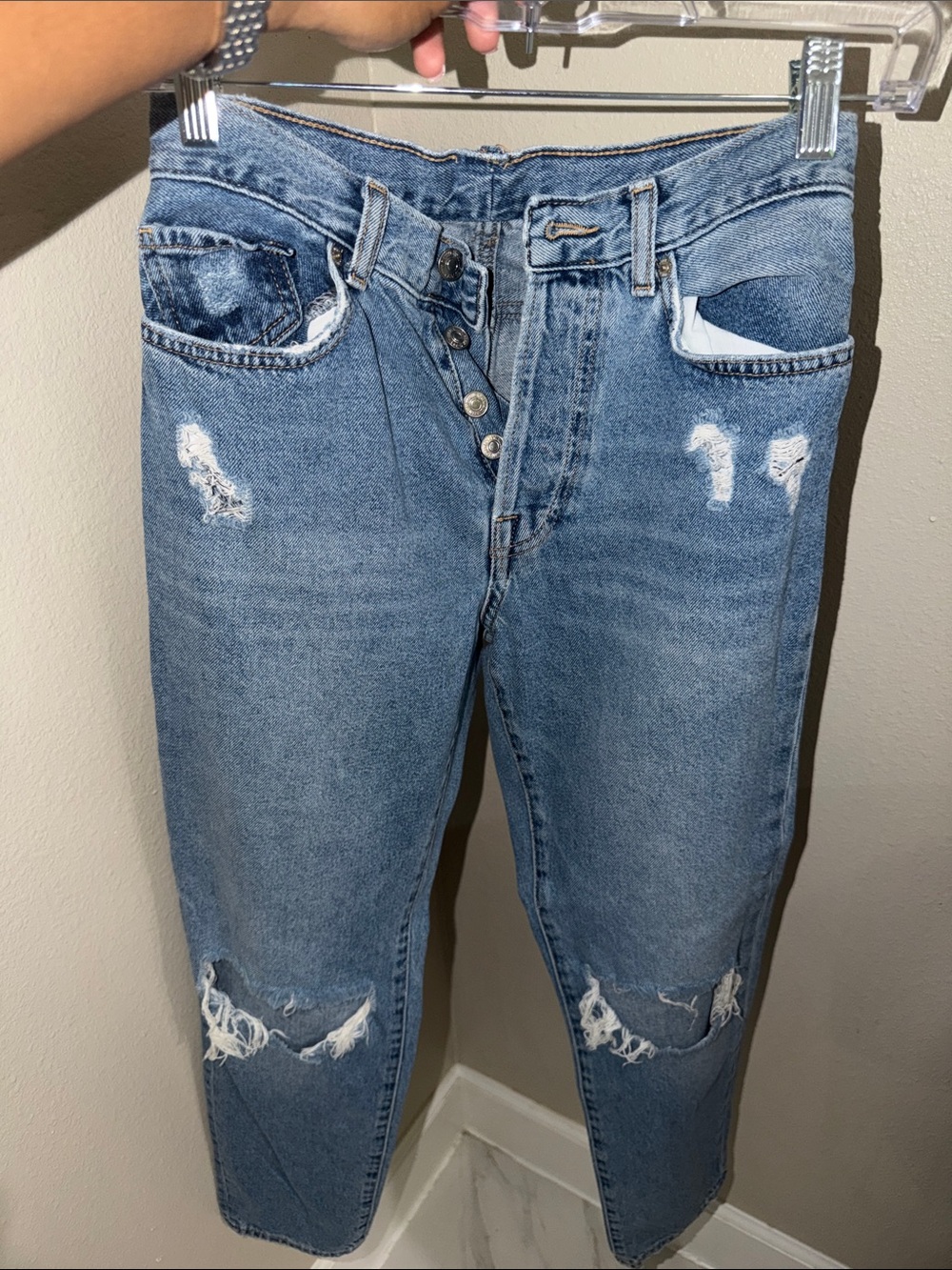 Forever 21 Light Blue Slim Straight Distressed Jeans